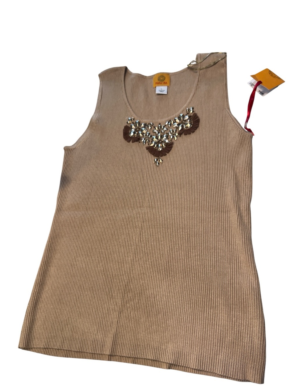 Ruby Rd. Beige Ribbed Tank with Jeweled Neckline
